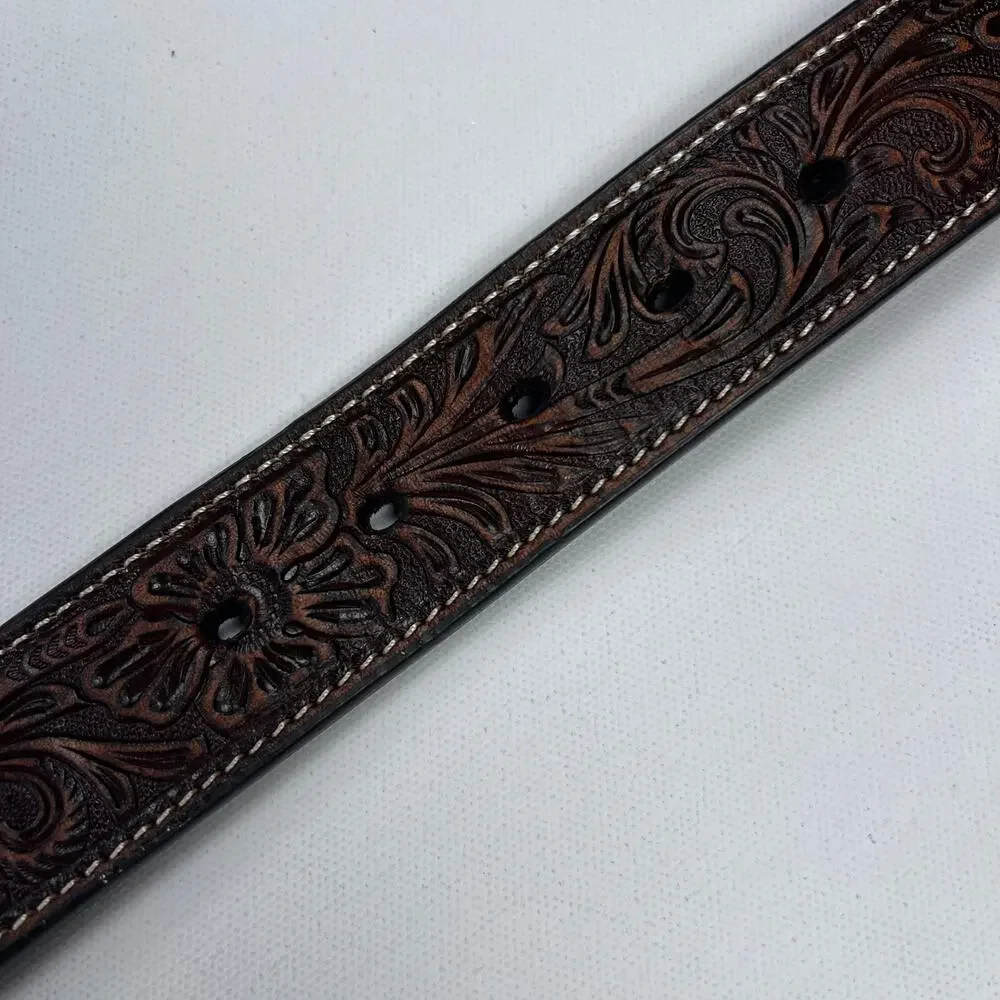 Ariat Tooled Leather Western Embroidered Belt Large Silver Buckle Size 44
